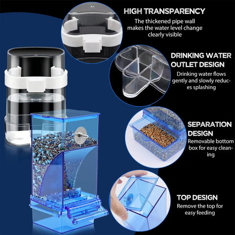 Slick No Mess Blue Clear Acrylic Bird Feeder And Water Dispenser Set With Six Automatic Gravity Feeders For Backyard Flocks with water outlet and separation design.