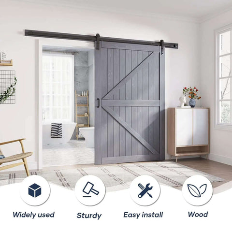 Gray Wood Barn Door Slab 54x84 Inches With 9 Foot Barn Door Hardware Track Kit installed in living room, K Frame design