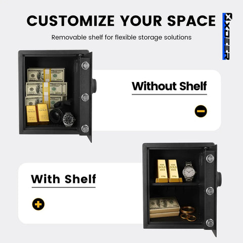 1.69 Cubic Feet Personal Safe With App Access 0.1 Second Biometric Fingerprint 30 Fingerprint Storage shown with and without shelf