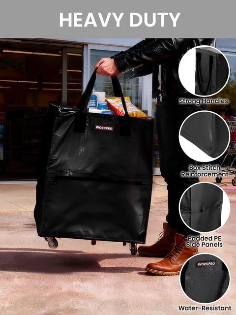 Heavy Duty Rolling Grocery Tote On Wheels With Handy Handle For Groceries Laundry Camping And Moving, outside store, strong handles