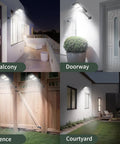 Top Shelf Solar Street Lights Outdoor Waterproof 2 Pack Led Flood Lamp 10000 Lumen installed in balcony, doorway, fence, and courtyard.