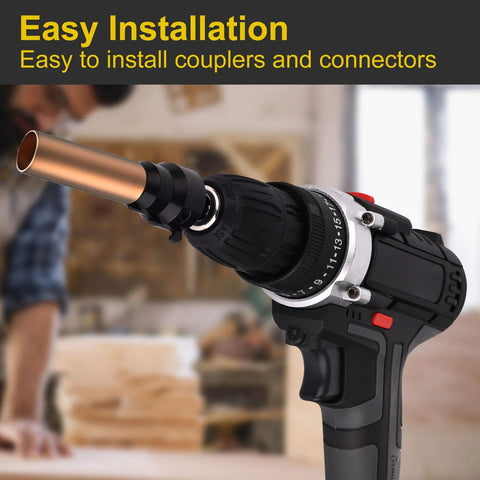 Valkynos conduit reamer drill attachment; copper conduit tip, black cordless drill body.
