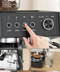Game Changer Twenty Bar Espresso Machine With Integrated Burr Grinder Thirty Grind Settings with buttons for power, grind, and coffee options.