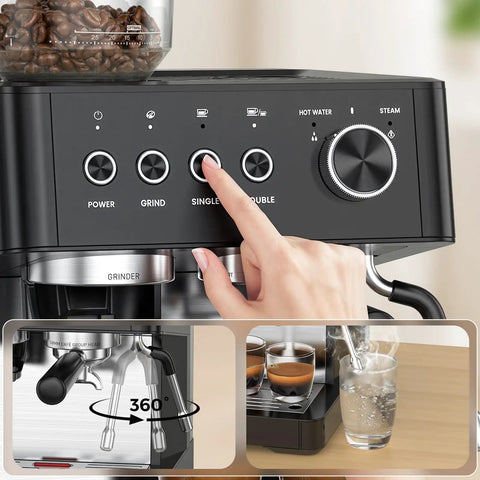 Game Changer Twenty Bar Espresso Machine With Integrated Burr Grinder Thirty Grind Settings with buttons for power, grind, and coffee options.