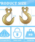 Two Pack Heavy Duty Clevis Hooks Three Eighths Inch Forged Steel With Safety Latch G70 Rated 18000 Lbs Capacity Metal Chain Hooks.