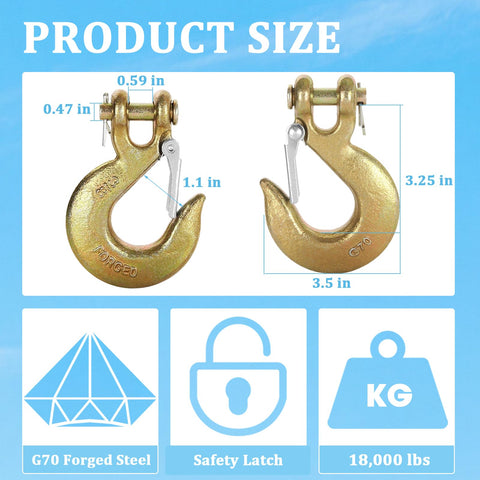 Two Pack Heavy Duty Clevis Hooks Three Eighths Inch Forged Steel With Safety Latch G70 Rated 18000 Lbs Capacity Metal Chain Hooks.