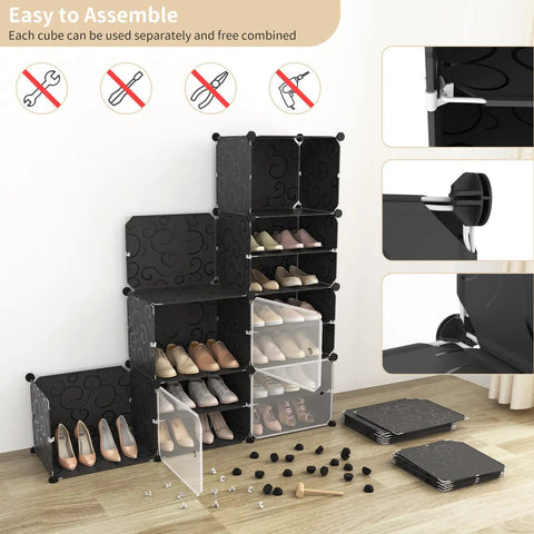 Portable Shoe Rack Organizer With Door 8 Tier Adjustable Stackable Free Standing Cabinet For 48 Pairs Shoes Easy Assembly Plastic Black