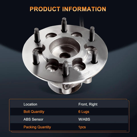 Front Wheel Hub And Bearing Assembly For 2004 2008 Chevy Colorado, 2006 2008 GMC Canyon, 2007 2008 Isuzu I 290 6 Lug 2WD With ABS Direct Fit OE Replacement Durable Front Wheel Hub Bearing Unit For A Smooth Quiet Ride, showing 6-lug hub with ABS sensor.
