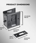 Pocket Sliding Door Lock With Privacy Pull Reversible Design for 1-3/8 in thick doors, shown with dimensions and screws