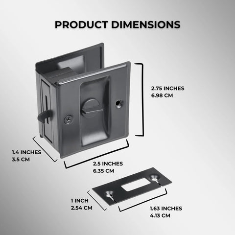 Pocket Sliding Door Lock With Privacy Pull Reversible Design for 1-3/8 in thick doors, shown with dimensions and screws