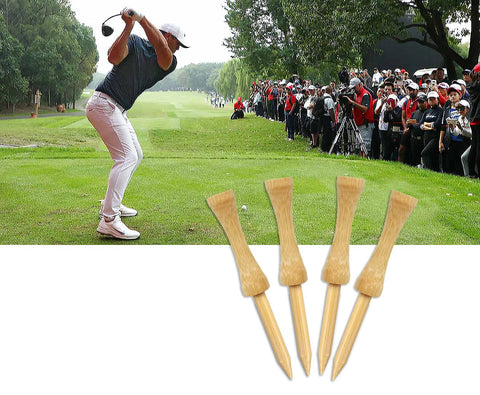 Step Down Golf Tees 2 1/8 Inch, 2 3/4 Inch, and 3 1/4 Inch, 100 Pack Wooden Bamboo Castle Tees Natural Finish with golfer swinging