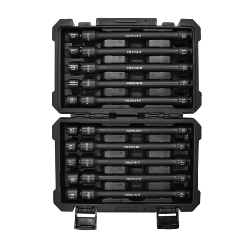 Ten-Piece 3/8 Inch Drive Pinless Universal Torque-Saver Impact Extension Socket Set Metric 9 Inch Long 6-Point 10mm To 19mm in case