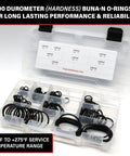 120 Piece Pro Grade O Ring Kit For SAE J2244/2 ISO 6149 Metric Port Hydraulic Fittings Includes 9 Sizes Buna N 90 Durometer O Rings Compatible With John Deere And Other Hydraulic Equipment in a plastic case with size chart visible.