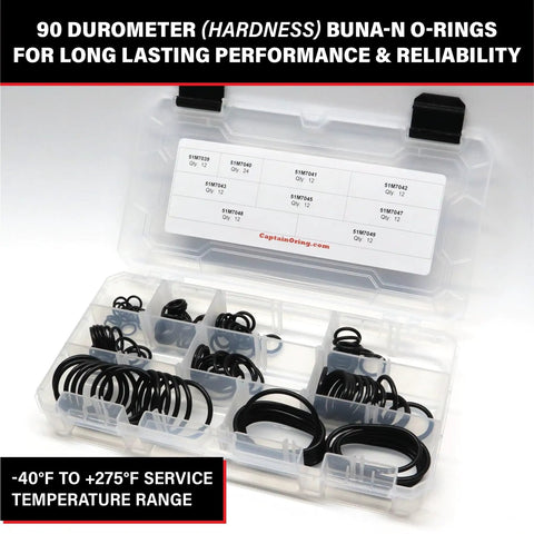 120 Piece Pro Grade O Ring Kit For SAE J2244/2 ISO 6149 Metric Port Hydraulic Fittings Includes 9 Sizes Buna N 90 Durometer O Rings Compatible With John Deere And Other Hydraulic Equipment in a plastic case with size chart visible.