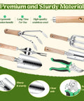 Heavy Duty 9 Piece Garden Tool Set With Floral Organizer Tote Rust Proof Hand Tools showcasing wooden handles and stainless steel heads