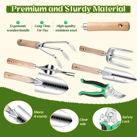 Heavy Duty 9 Piece Garden Tool Set With Floral Organizer Tote Rust Proof Hand Tools showcasing wooden handles and stainless steel heads
