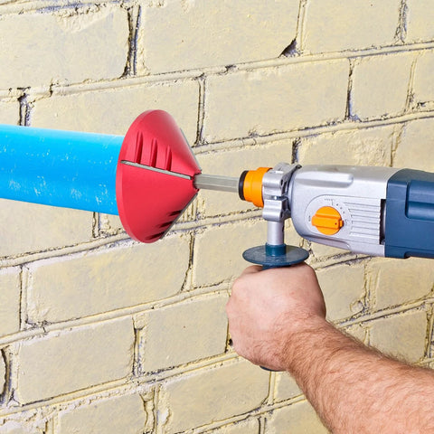 Side view of QWORK 2-in-1 PVC pipe deburring and chamfer tool on a drill, red conical head on blue PVC pipe.