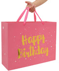 Extra Large Pink Birthday Gift Bag Set With Handles, Greeting Card, Tissue Paper And Stickers, Starry Night Design With Gold Happy Birthday Foil
