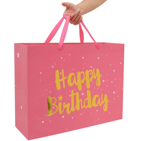 Extra Large Pink Birthday Gift Bag Set With Handles, Greeting Card, Tissue Paper And Stickers, Starry Night Design With Gold Happy Birthday Foil