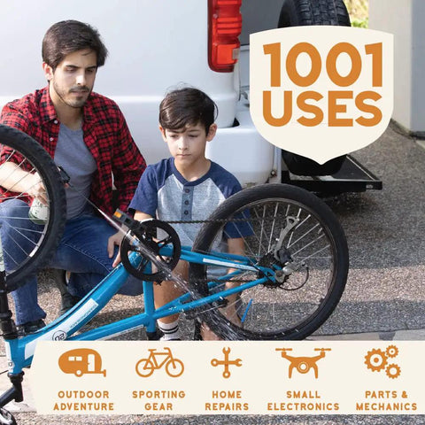 Man and boy fixing a blue bicycle using Multipurpose Plant Based Lubricant Spray Pack Of 3 All In One For Rust Removal And Lubricating Garage Doors Hinges And Locks, Eco Friendly Formula No Petroleum No PTFE 11 Oz Each Great For Tools And Equipment, 1001 uses listed.