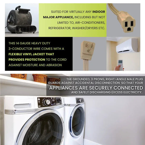 Beige Beefy Heavy Duty 6 Ft Appliance Cord 14 Gauge 3 Conductor With Grounded 3 Prong Right Angle Plug shown near appliance and air conditioner