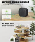Wireless video doorbell with chime 1080P HD two way talk night vision human detection local microSD card or cloud storage no subscriptions AES encrypted cloud storage easy setup showing indoor chime and multi-level home illustration