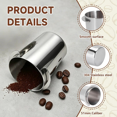 Stainless Steel 51mm Coffee Dosing Cup For Espresso Machines, Barista Grade Bean Dosing Mug on countertop with coffee beans