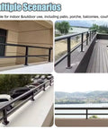 Level Up Your Outdoor Setup With This Super Sturdy Steel Balcony Railing Height Extender and Adjustable Patio Guard For Heavy Duty Deck Protection and Zero Hassle Install. Balcony view showing black steel railing with flat top.