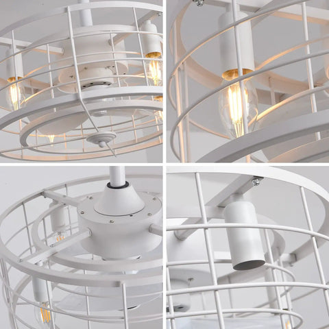 Close-up of Enclosed Ceiling Fan With Lights Remote Control Kid Friendly Caged Design Lighting Kit, white material detail