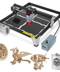 10W Laser Engraver With Air Assist Pump And Magnetic Pad Kit Built In FAC Eye Protection Class 4 Laser Engraver shown with engraved items