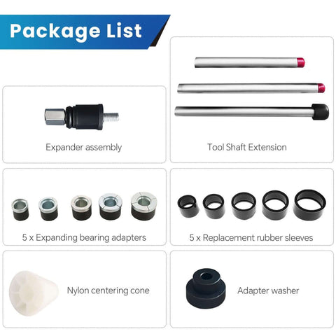 Components of Cam Bearing Removal And Installation Tool Set With One And One Eighth Inch To Two And Two Thirds Inch Adapters