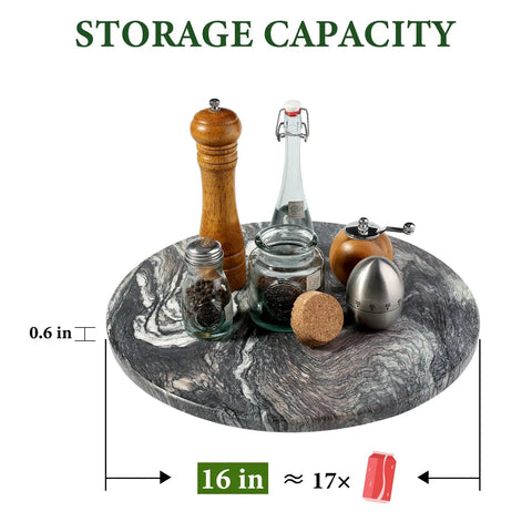 16 Inch Natural Rosso Luana Marble Lazy Susan Cabinet Turntable with spices and condiments for kitchen organization.