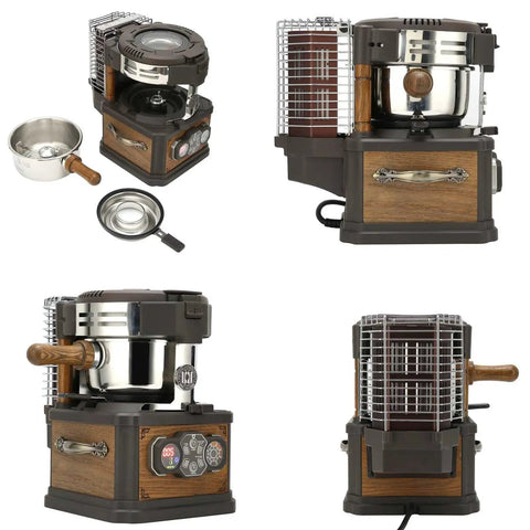 Next Level Automatic Home Coffee Bean Roaster Retro Electric Roasting Machine with Pinpoint Temp Control, side and top views showing features.