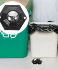 Self Adhesive Mini Casters Wheels Set for Kitchen Storage Boxes and Trash Cans, shown near trash bins.