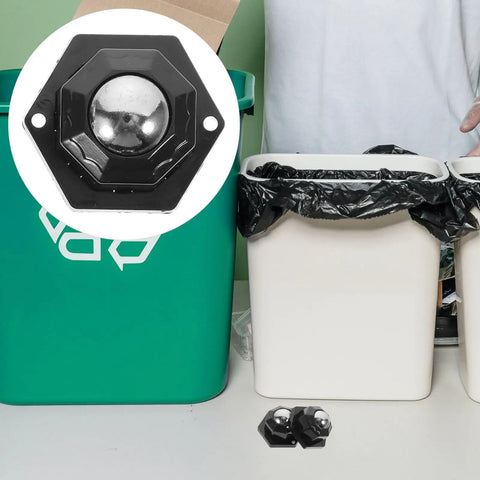 Self Adhesive Mini Casters Wheels Set for Kitchen Storage Boxes and Trash Cans, shown near trash bins.