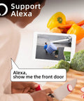Person using tablet with 3MP Solar Power Outdoor Security Camera With Color Night Vision, Alexa compatible feature visible.