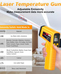 Rechargeable Infrared Thermometer Gun With Non Contact Laser Targeting in hand, showing emissivity settings for various materials