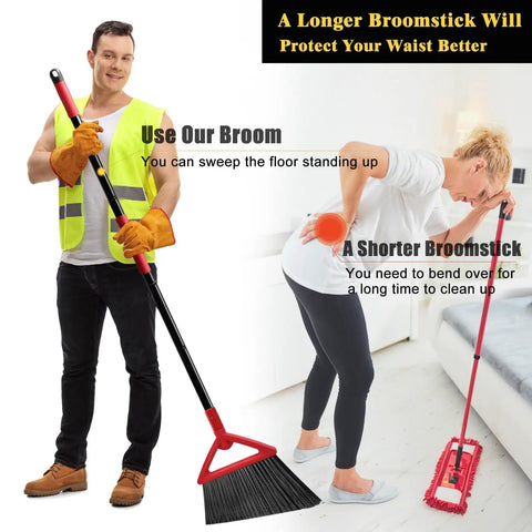 Kick Up Dust Heavy Duty Angle Broom With Rust Resistant Handle And Split End Bristles For Indoor Outdoor Cleaning, 14 inch wide broom in cleaning use.
