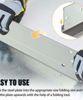 Hands using 12 Inch Sheet Metal Folding Tool With Dual Depth Gauges One Inch And Three Eighths Inch Depth For HVAC Roofing Projects
