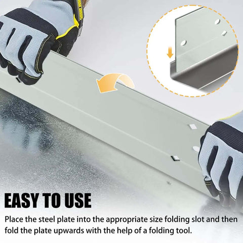 Hands using 12 Inch Sheet Metal Folding Tool With Dual Depth Gauges One Inch And Three Eighths Inch Depth For HVAC Roofing Projects