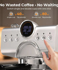 Top Shelf Espresso Machine With Hot And Cold Brew Coffee Maker And Milk Frother For Knockout Cafe Drinks Home 50 Oz Tank LCD screen showing single and double cup options.