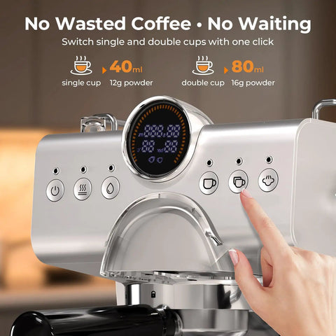 Top Shelf Espresso Machine With Hot And Cold Brew Coffee Maker And Milk Frother For Knockout Cafe Drinks Home 50 Oz Tank LCD screen showing single and double cup options.