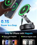 MagSafe Car Mount Charger With 15W Fast Wireless Charging Magnetic Phone Holder shown with iPhone and MagSafe compatibility