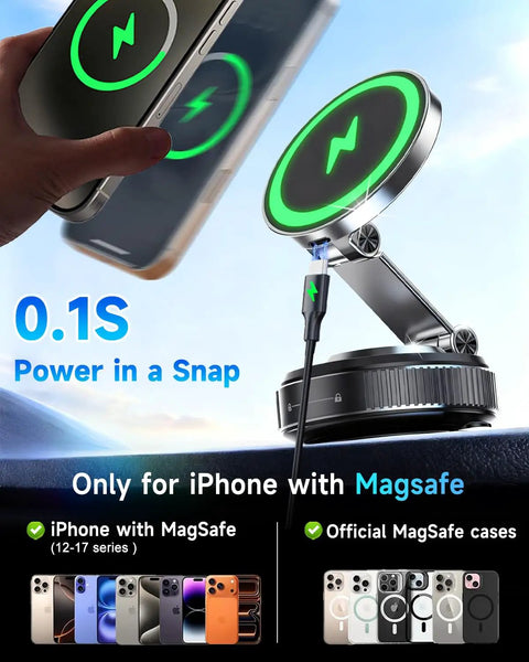 MagSafe Car Mount Charger With 15W Fast Wireless Charging Magnetic Phone Holder shown with iPhone and MagSafe compatibility