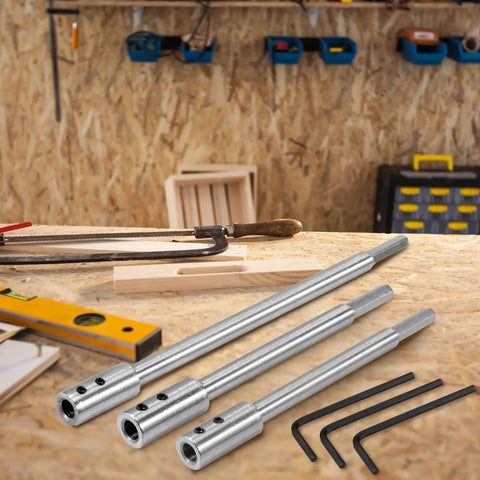 Heavy Duty Forstner Bit Extension For 3/8 Inch Round Shank on wooden workbench, showing three carbon steel extenders.