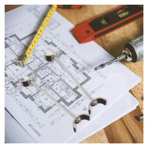 Countertop Joiner Connectors Set 10 Pcs 150mm Benchtop Drawbolt Bolts with drill and measuring tape on blueprint