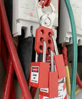 Lockout Tagout Station Kit With 14 Numbered Locks And Keys, 30 Tags, 30 Nylon Cable Ties, Heavy Duty Acrylic Board, Pro Grade Safety Lockout System For Quick Safe Isolation, Yellow Station installed on electrical equipment.