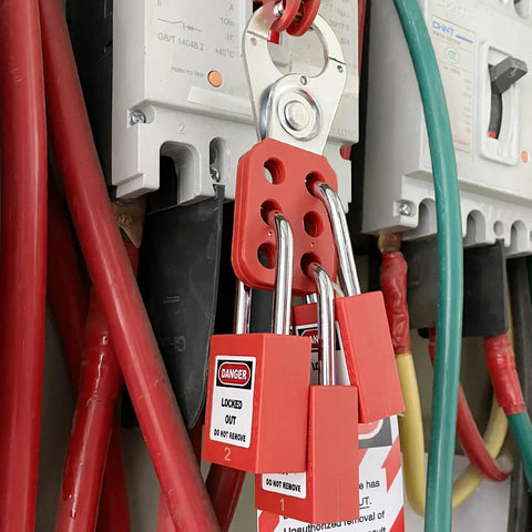 Lockout Tagout Station Kit With 14 Numbered Locks And Keys, 30 Tags, 30 Nylon Cable Ties, Heavy Duty Acrylic Board, Pro Grade Safety Lockout System For Quick Safe Isolation, Yellow Station installed on electrical equipment.