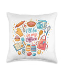 I'll Be In My Office Baking Kitchen Cooking Throw Pillow with baking utensils and ingredients print