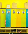 Colorful cubbies with Bee Cutouts For Classroom Decorations 50 Pack Name Tags And Desk Nameplates on doors.